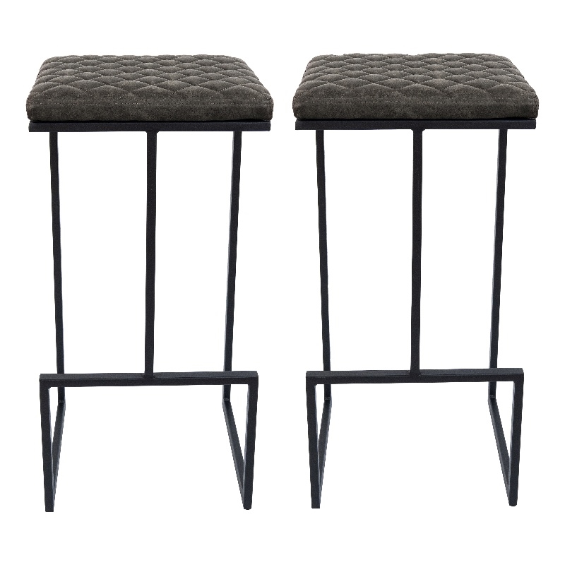 LeisureMod Quincy Quilted Stitched Leather Bar Stools Set of 2 in Gray
