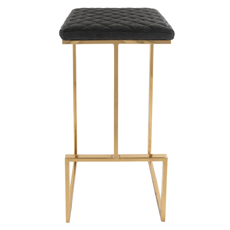 LeisureMod Quincy Stitched Leather Gold Metal Bar Stools in Charcoal Black