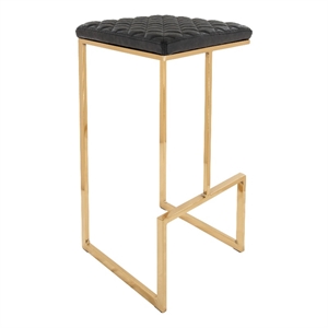 LeisureMod Quincy Stitched Leather Gold Metal Bar Stools in Charcoal Black