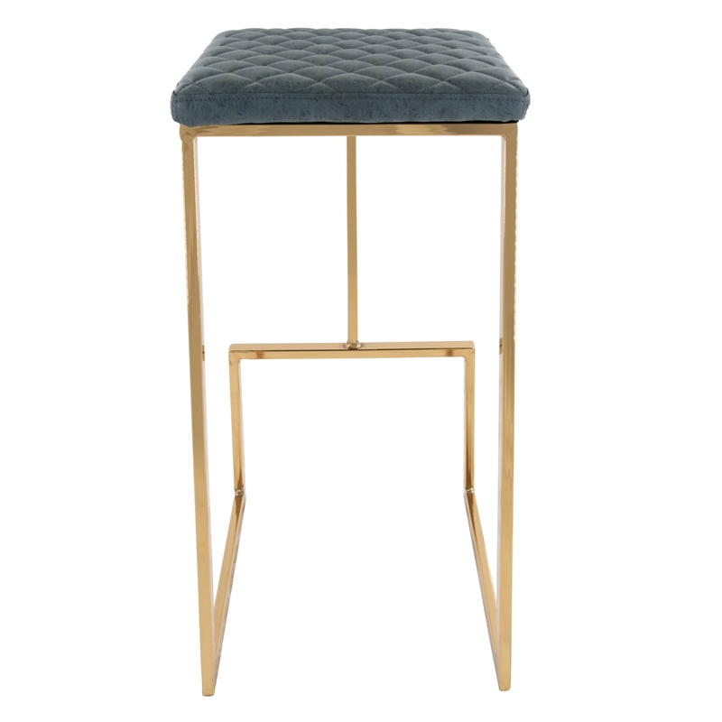 LeisureMod Quincy Stitched Leather Gold Metal Bar Stools in Peacock Blue