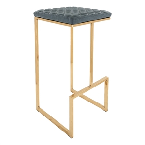 LeisureMod Quincy Stitched Leather Gold Metal Bar Stools in Peacock Blue