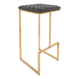 LeisureMod Quincy Stitched Leather Gold Metal Bar Stools in Gray