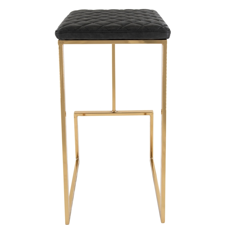 LeisureMod Quincy Stitched Leather Gold Metal Bar Stools set 2 in Charcoal Black