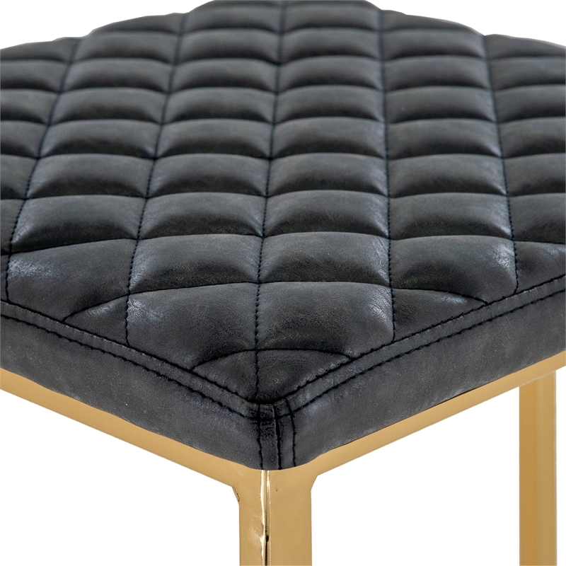 LeisureMod Quincy Stitched Leather Gold Metal Bar Stools set 2 in Charcoal Black