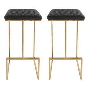 LeisureMod Quincy Stitched Leather Gold Metal Bar Stools set 2 in Charcoal Black