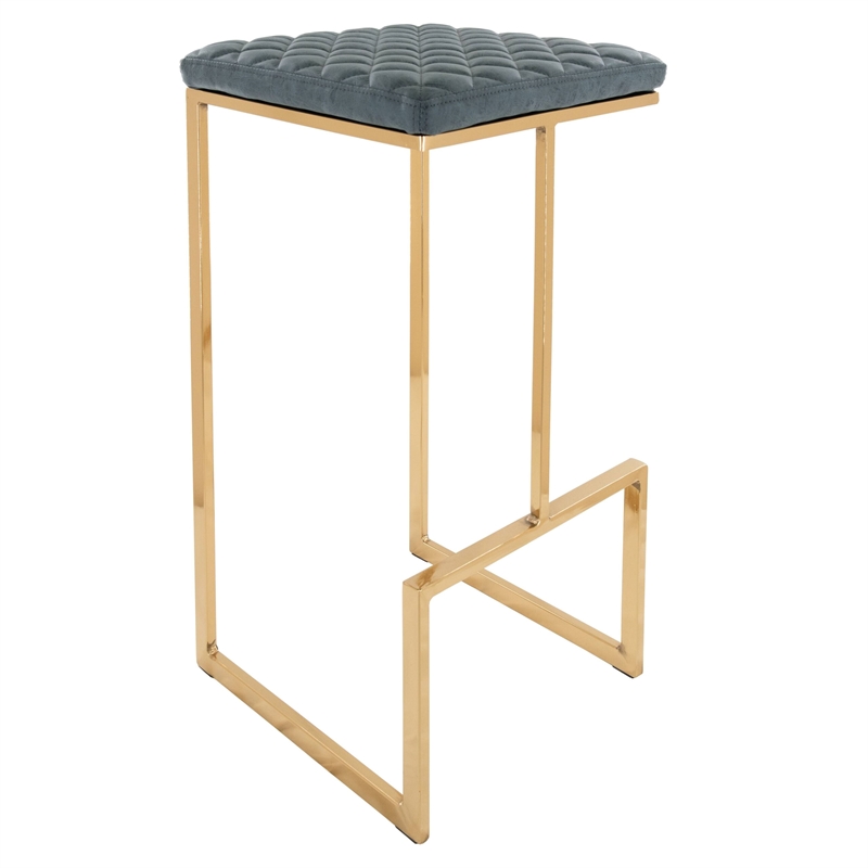 LeisureMod Quincy Stitched Leather Gold Metal Bar Stools set 2 in Peacock Blue
