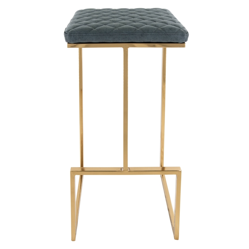LeisureMod Quincy Stitched Leather Gold Metal Bar Stools set 2 in Peacock Blue
