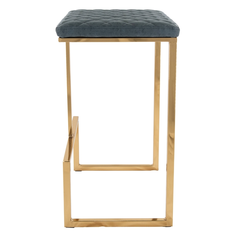LeisureMod Quincy Stitched Leather Gold Metal Bar Stools set 2 in Peacock Blue