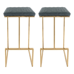 LeisureMod Quincy Stitched Leather Gold Metal Bar Stools set 2 in Peacock Blue