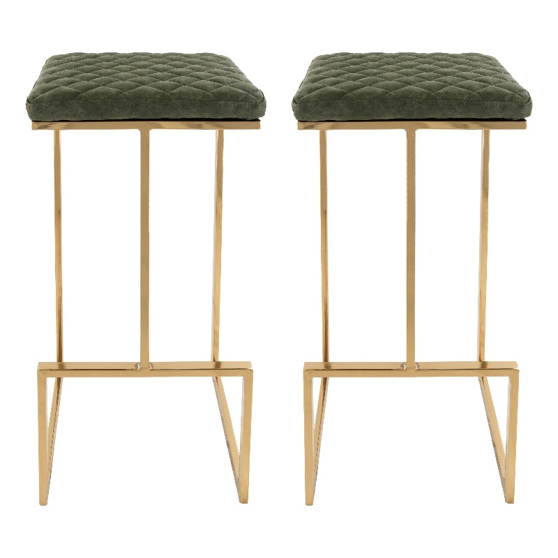 LeisureMod Quincy Stitched Leather Gold Metal Bar Stools set 2 in Olive