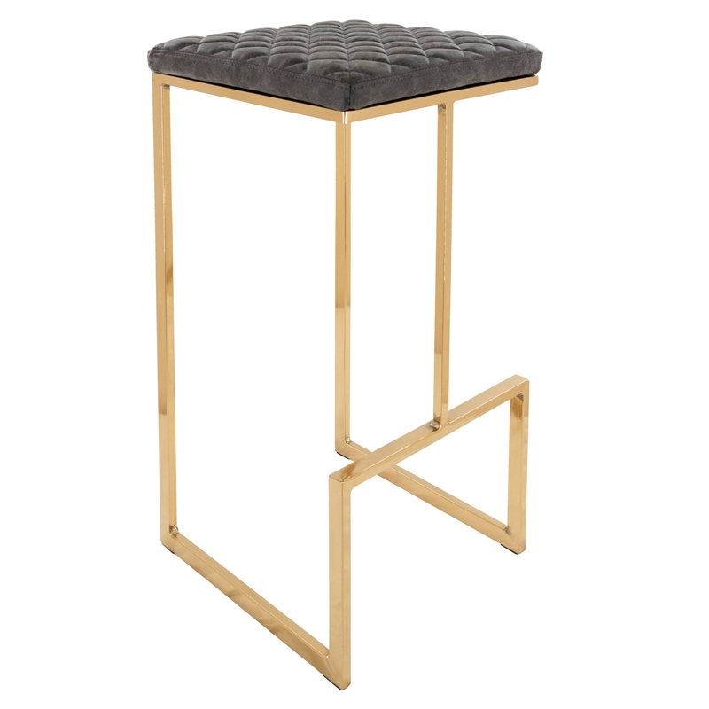 LeisureMod Quincy Stitched Leather Gold Metal Bar Stools set 2 in Gray