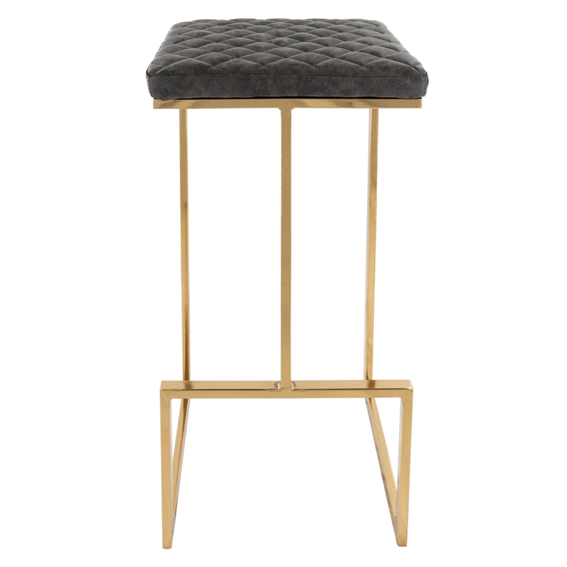 LeisureMod Quincy Stitched Leather Gold Metal Bar Stools set 2 in Gray