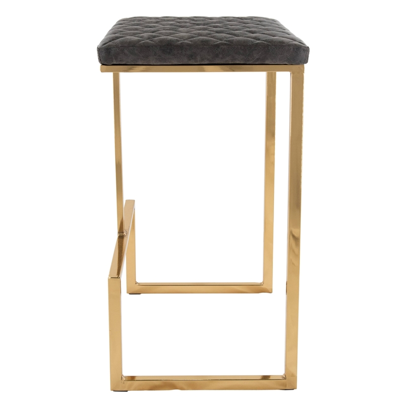 LeisureMod Quincy Stitched Leather Gold Metal Bar Stools set 2 in Gray