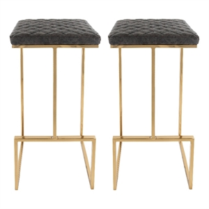 LeisureMod Quincy Stitched Leather Gold Metal Bar Stools set 2 in Gray