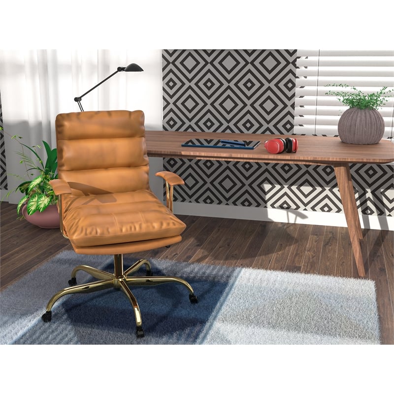 LeisureMod Regina Modern Padded Leather Executive Office Chair in Saddle Brown