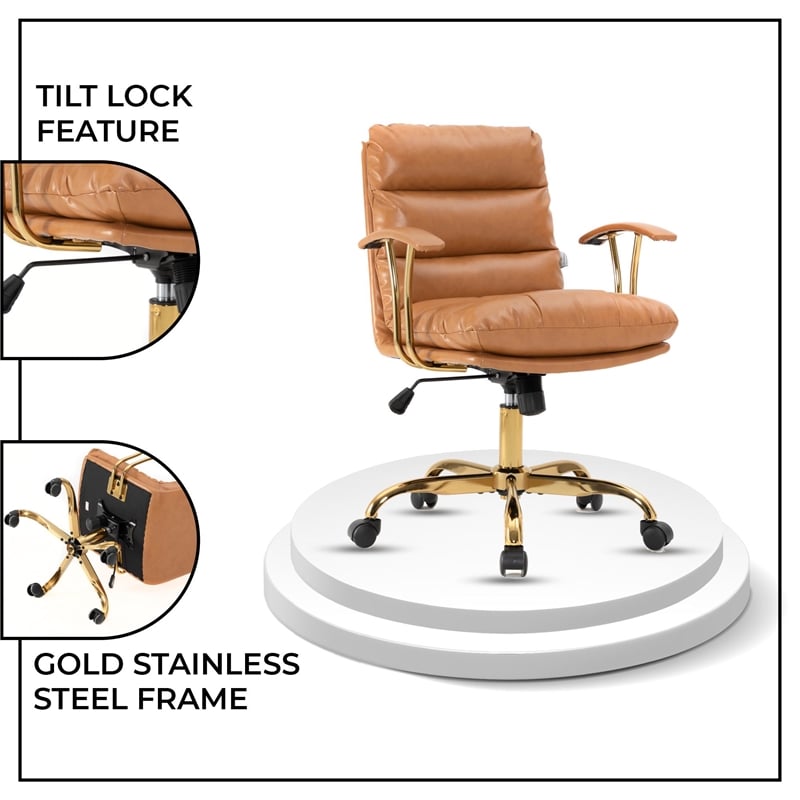 LeisureMod Regina Modern Padded Leather Executive Office Chair in Saddle Brown