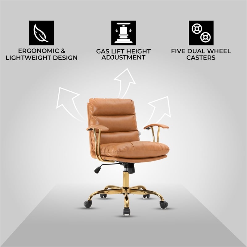 LeisureMod Regina Modern Padded Leather Executive Office Chair in Saddle Brown