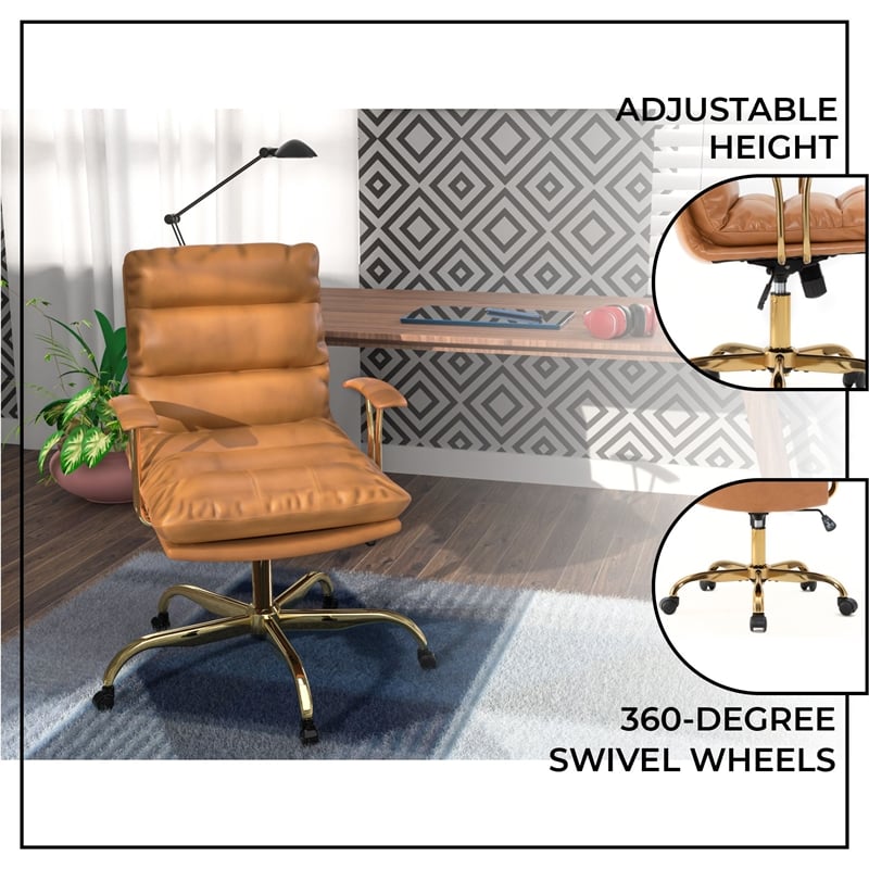 LeisureMod Regina Modern Padded Leather Executive Office Chair in Saddle Brown