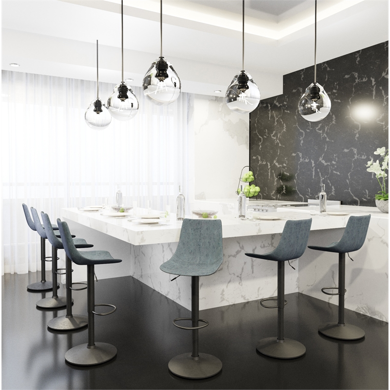 LeisureMod Tilbury Modern Adjustable Bar Stool Set of 2 in Peacock Blue