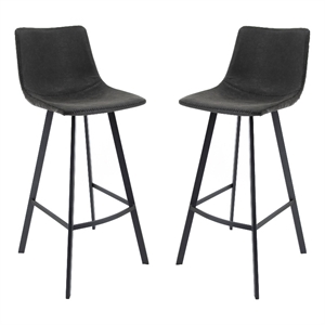 LeisureMod Elland Modern Upholstered Leather Bar Stool Charcoal Black Set of 2