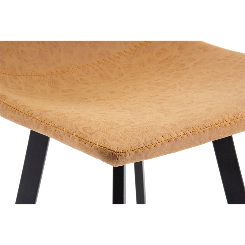 LeisureMod Elland Modern Upholstered Leather Bar Stool Light Brown Set of 2