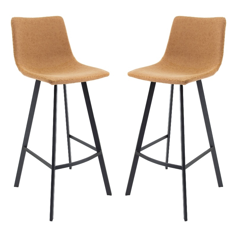 LeisureMod Elland Modern Upholstered Leather Bar Stool Light Brown Set of 2