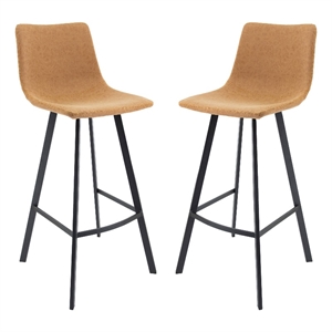 LeisureMod Elland Modern Upholstered Leather Bar Stool Light Brown Set of 2