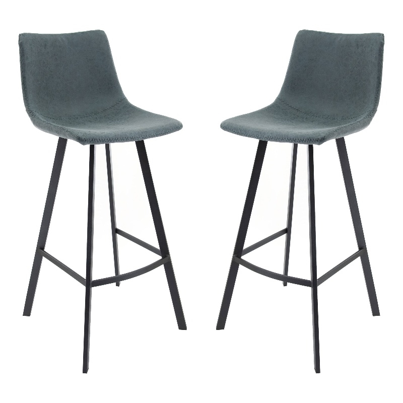 LeisureMod Elland Modern Upholstered Leather Bar Stool Peacock Blue Set of 2