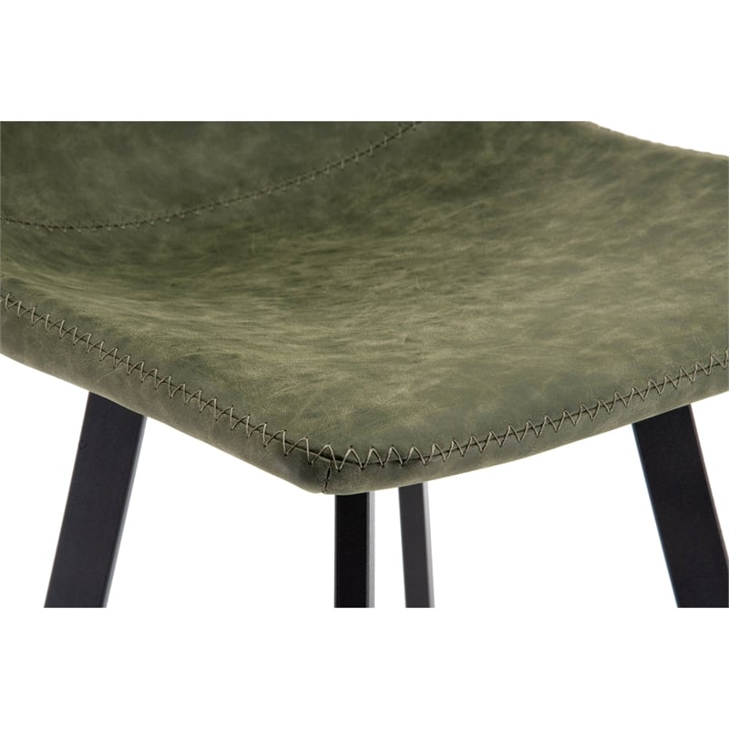 LeisureMod Elland Modern Upholstered Leather Bar Stool Olive Green Set of 2