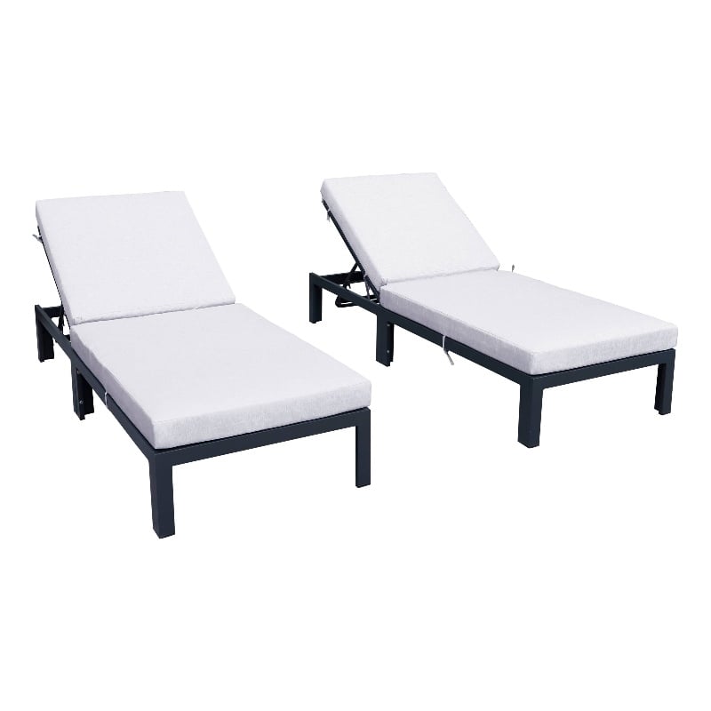 LeisureMod Chelsea Outdoor Chaise Lounge Chair With Light Grey Cushions Set of 2