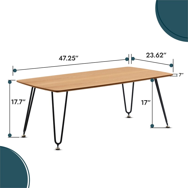 LeisureMod Elmwood Modern Wood Rectangle Coffee Table With Metal Legs in Natural