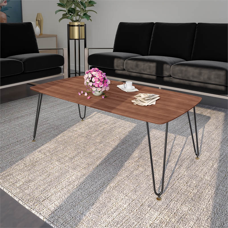 LeisureMod Elmwood Modern Wood Rectangle Coffee Table With Metal Legs in Walnut