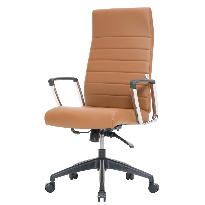 LeisureMod Hilton Modern High Back Leather Conference Office Chair Light Brown