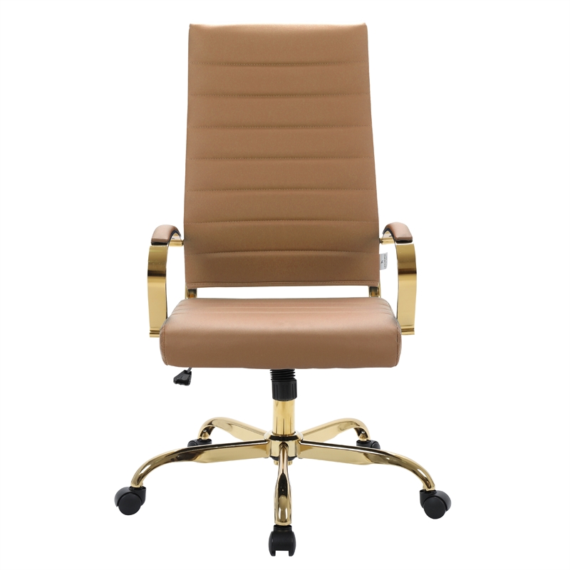 LeisureMod Benmar High-Back Leather Office Chair With Gold Frame in Light Brown