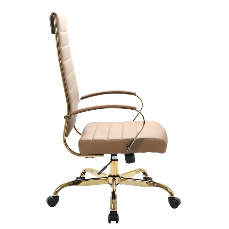 LeisureMod Benmar High-Back Leather Office Chair With Gold Frame in Light Brown