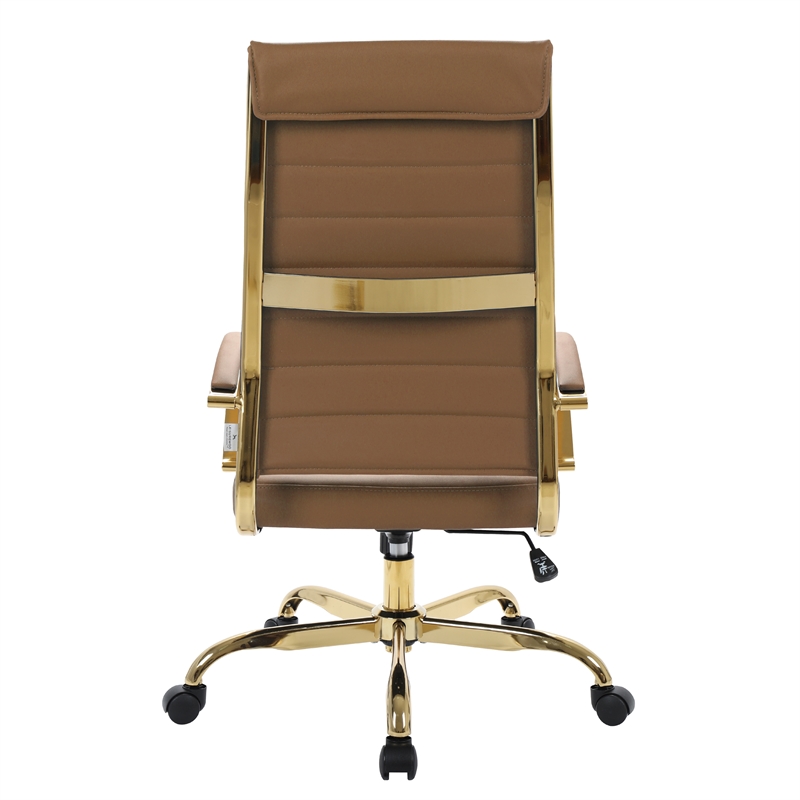 LeisureMod Benmar High-Back Leather Office Chair With Gold Frame in Light Brown