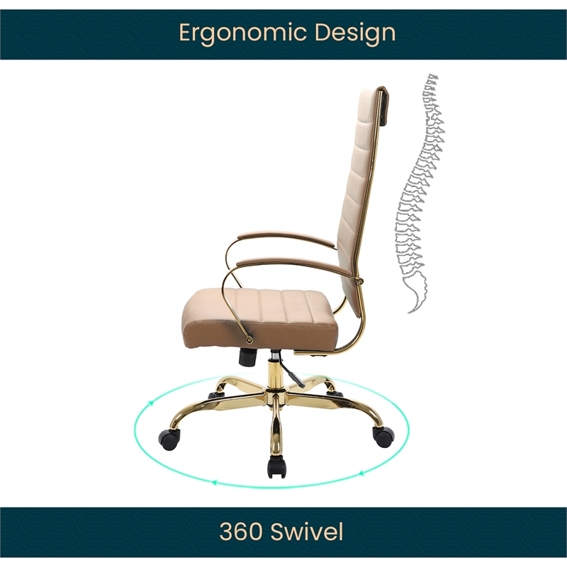 LeisureMod Benmar High-Back Leather Office Chair With Gold Frame in Light Brown