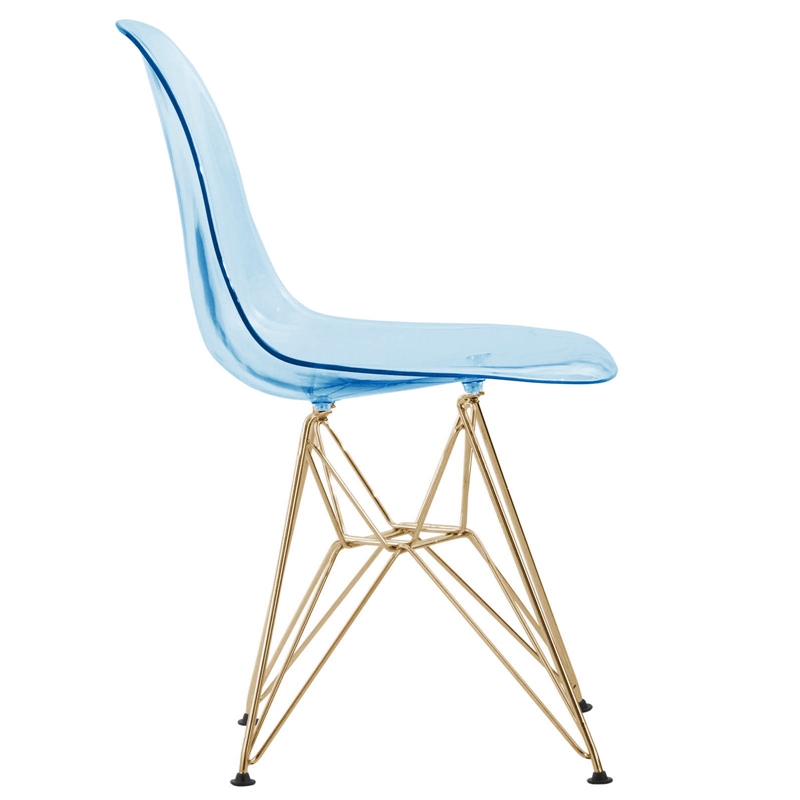 LeisureMod Cresco Modern Gold Eiffel Base Dining Side Chair in Transparent Blue