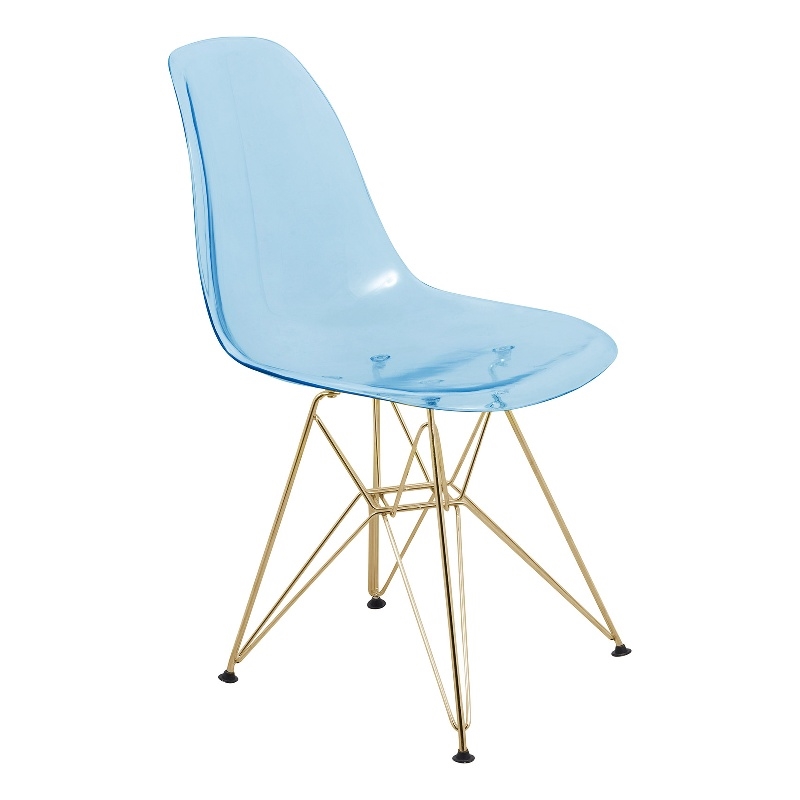 LeisureMod Cresco Modern Gold Eiffel Base Dining Side Chair in Transparent Blue