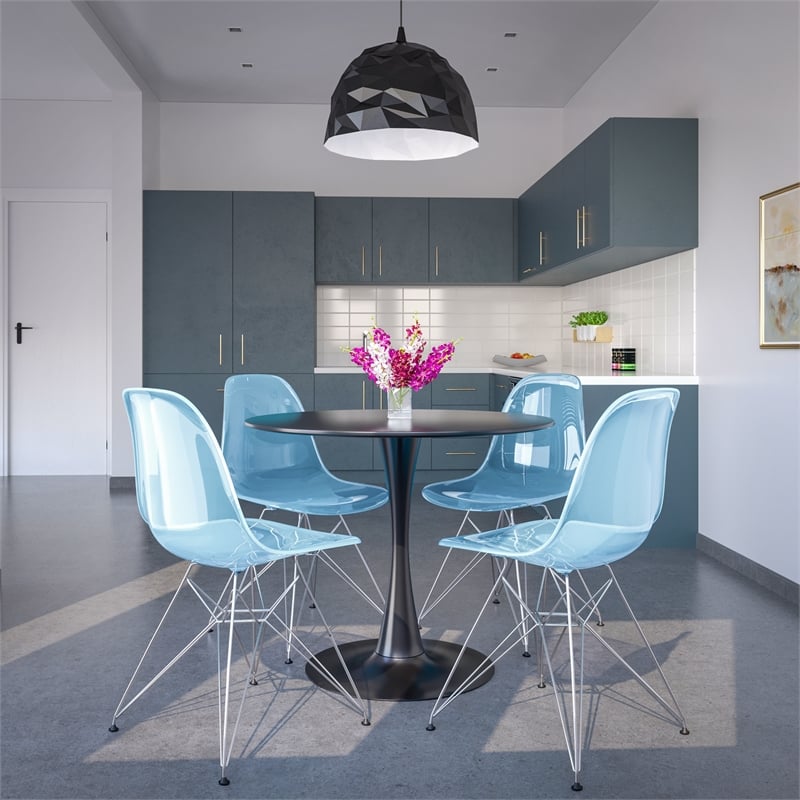 LeisureMod Cresco Eiffel Base Dining Side Chair Set of 2 in Transparent Blue