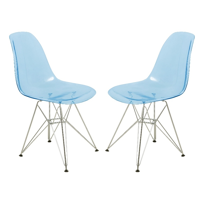 LeisureMod Cresco Eiffel Base Dining Side Chair Set of 2 in Transparent Blue