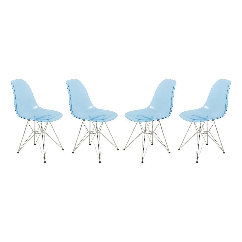 LeisureMod Cresco Eiffel Base Dining Side Chair Set of 4 in Transparent Blue