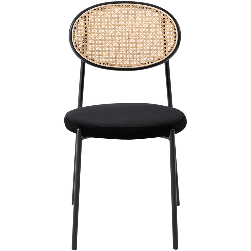 LeisureMod Euston Modern Wicker Dining Chair with Velvet Round Seat in Black