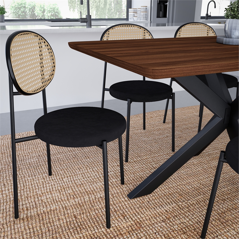 LeisureMod Euston Modern Wicker Dining Chair with Velvet Round Seat in Black