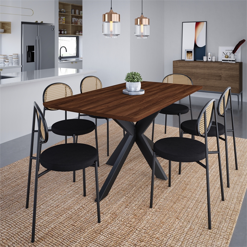 LeisureMod Euston Modern Wicker Dining Chair with Velvet Round Seat in Black