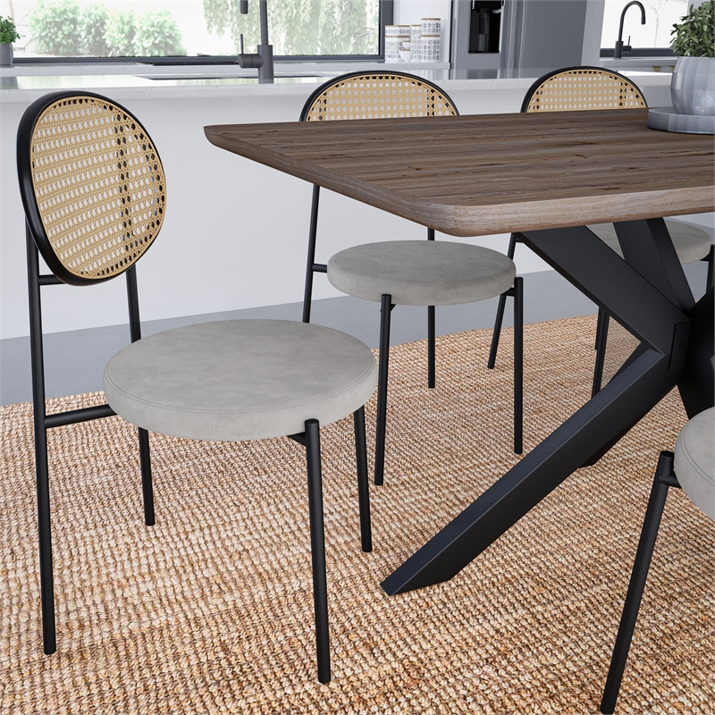 LeisureMod Euston Modern Wicker Dining Chair with Velvet Round Seat in Gray