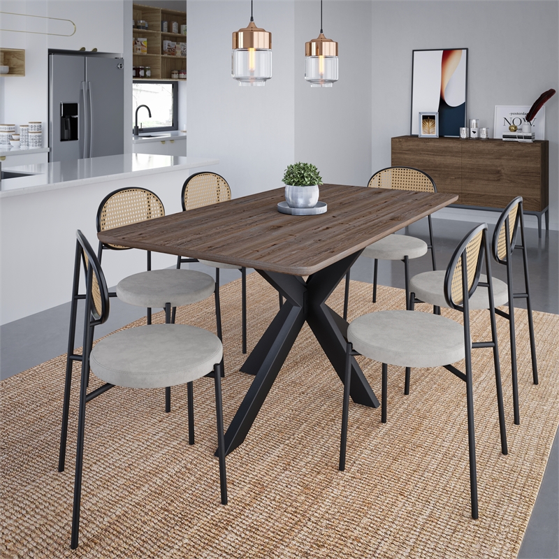 LeisureMod Euston Modern Wicker Dining Chair with Velvet Round Seat in Gray