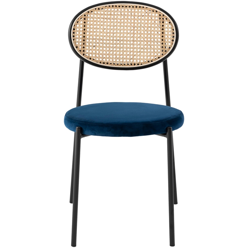 LeisureMod Euston Modern Wicker Dining Chair with Velvet Round Seat in Navy Blue