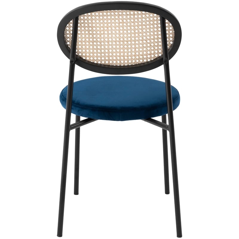 LeisureMod Euston Modern Wicker Dining Chair with Velvet Round Seat in Navy Blue