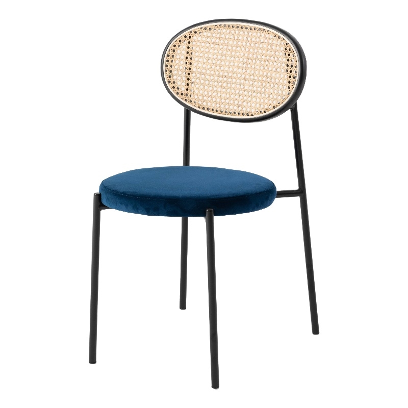 LeisureMod Euston Modern Wicker Dining Chair with Velvet Round Seat in Navy Blue